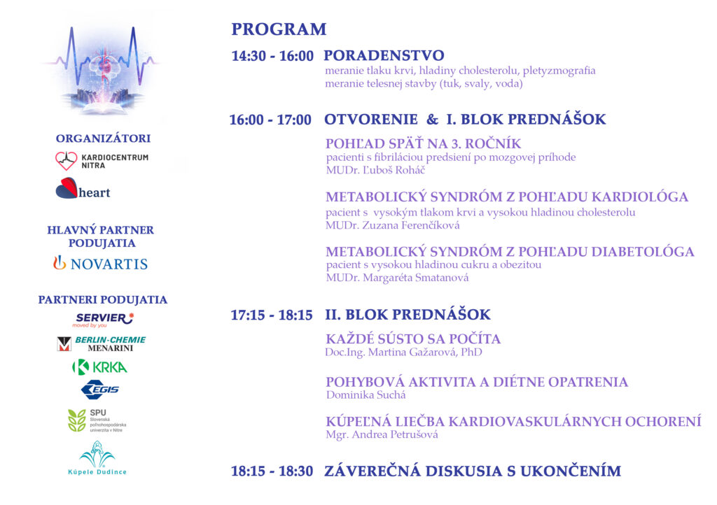 Program 4. edukačného podujatia pre pacientov s kardiovaskulárnym ochorením — prednášky, vyšetrenia, organizátori a partneri